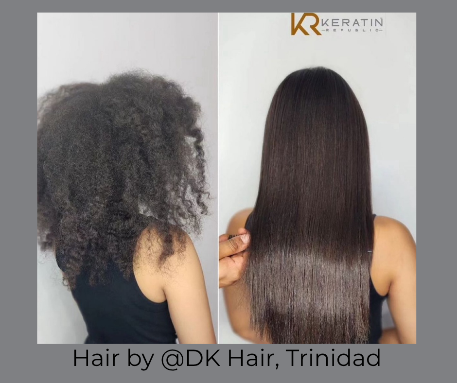 Before and after a Keratin Republic PRO smoothing treatment by @DK Hair, Trinidad